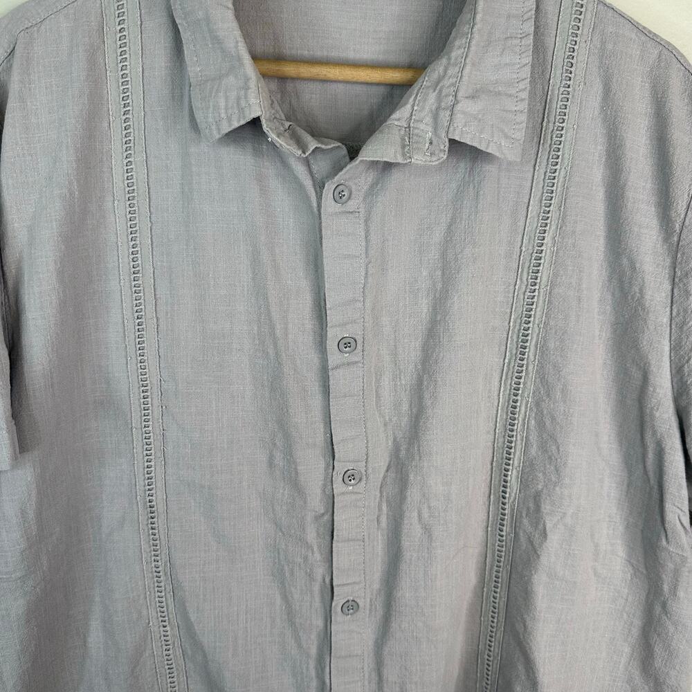 Mens XL Grey Linen Cotton Short Sleeve Button Up Shirt Ladder Stitch Trim - Picture 3 of 6